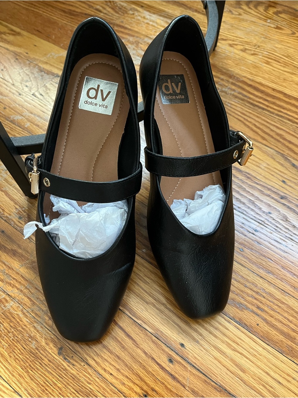 Dolce Vita Black Square-Toe Mary Jane Flats with Gold Buckle